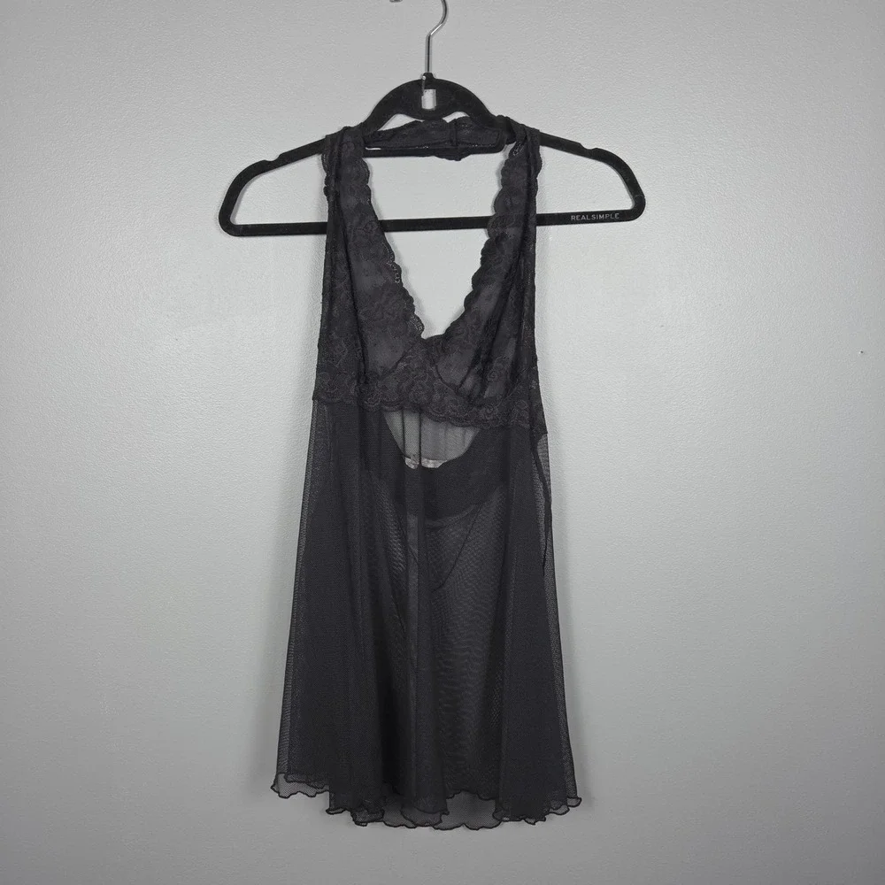 Victoria's Secret Black Lace Sheer Mesh Halter Babydoll Lingerie M Y2K 2005